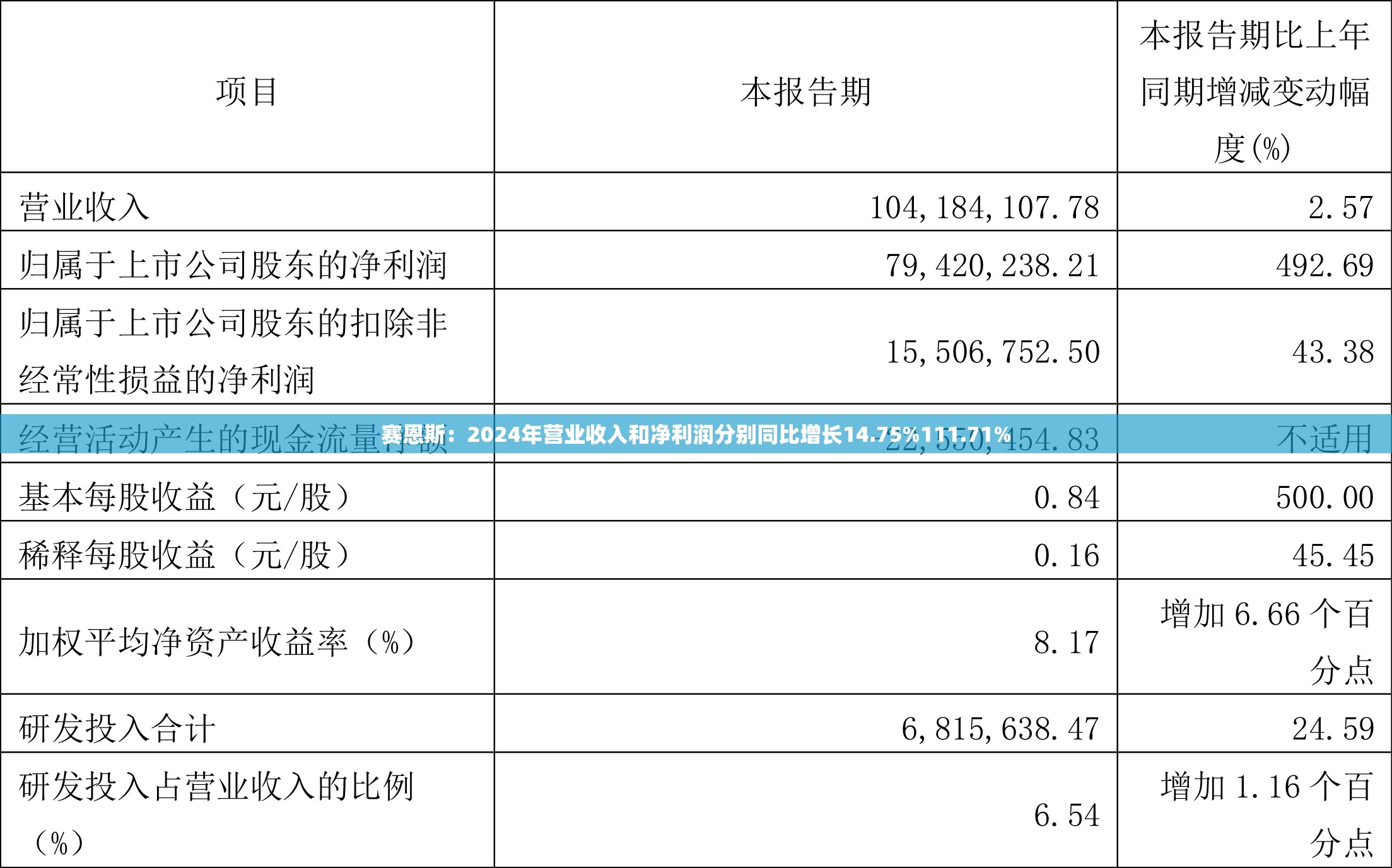 赛恩斯：2024年营业收入和净利润分别同比增长14.75%111.71%